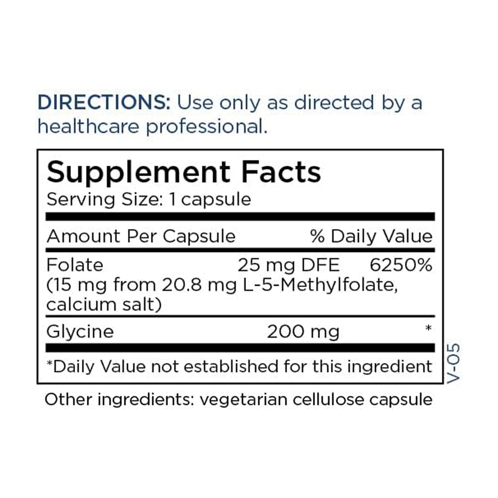 Nutrition facts panel on Metabolic Maintenance L-Methylfolate label for transparency