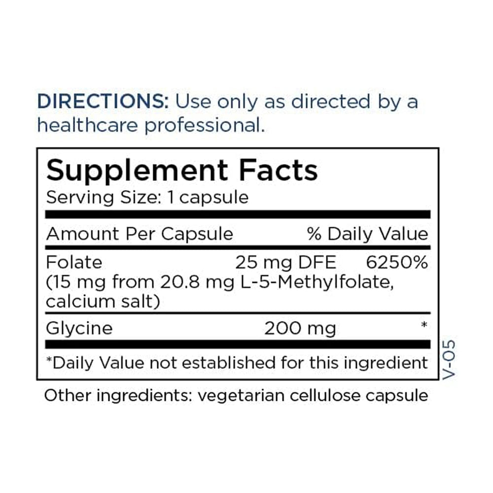 Nutrition facts panel on Metabolic Maintenance L-Methylfolate label for transparency