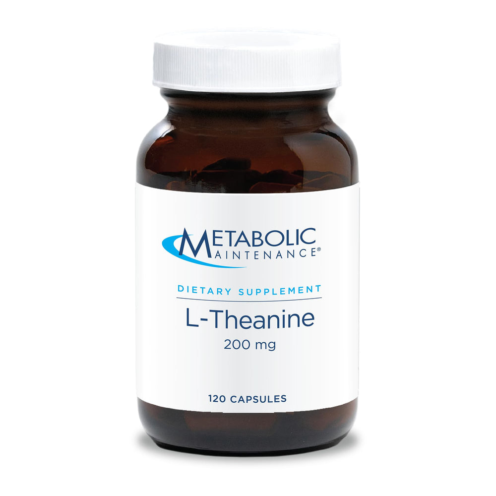 Metabolic Maintenance L-Theanine 200mg bottle on shelf promoting calm focus