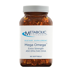 Metabolic Maintenance Mega Omega Extra Strength bottle displayed with label detailing potent omega-3 formula