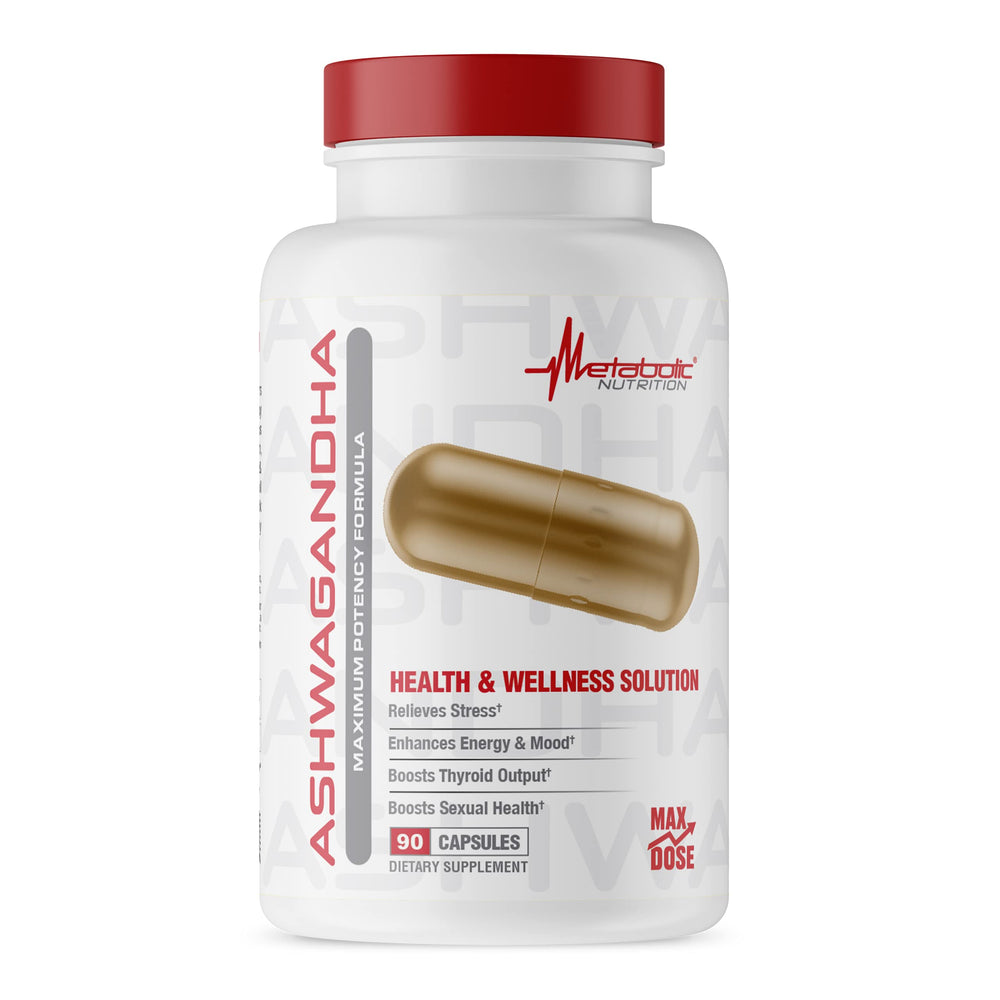 Metabolic Nutrition Ashwagandha bottle showing 2,200 mg daily dose for stress support.
