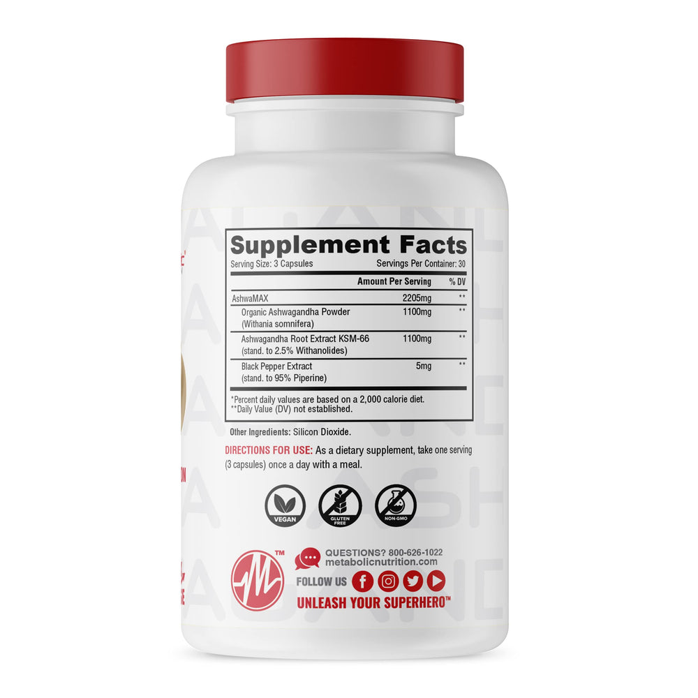 Ashwagandha capsules from Metabolic Nutrition arranged for daily use.