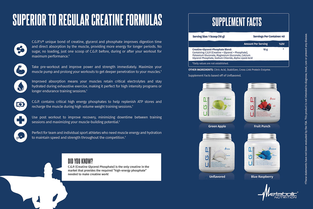 Metabolic Nutrition CGP label close-up shows branding and blue raspberry flavor.