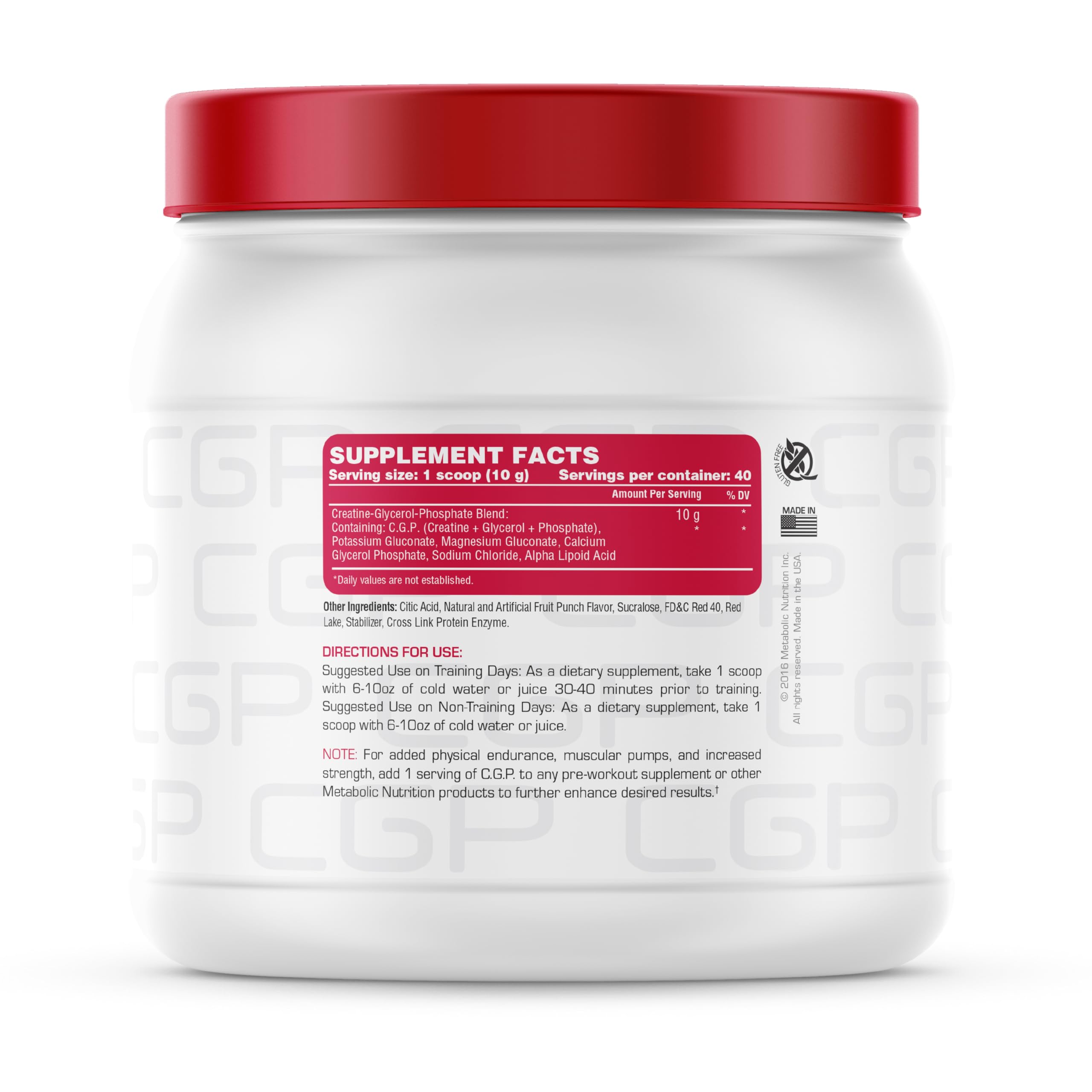 CGP scoop with powder showing a 10 g serving for performance support.