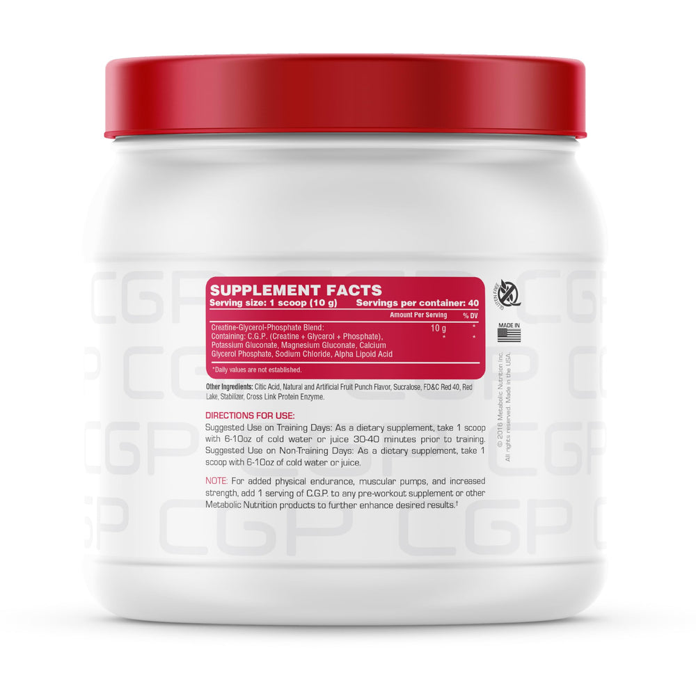 CGP scoop with powder showing a 10 g serving for performance support.