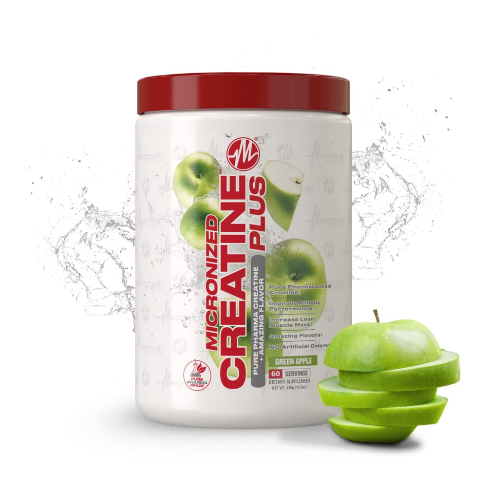 Metabolic Nutrition CreatinePLUS Green Apple bottle supports workouts with flavorful fuel.