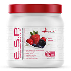 Metabolic Nutrition ESP fruit punch scoop beside the tub for accurate dosing.