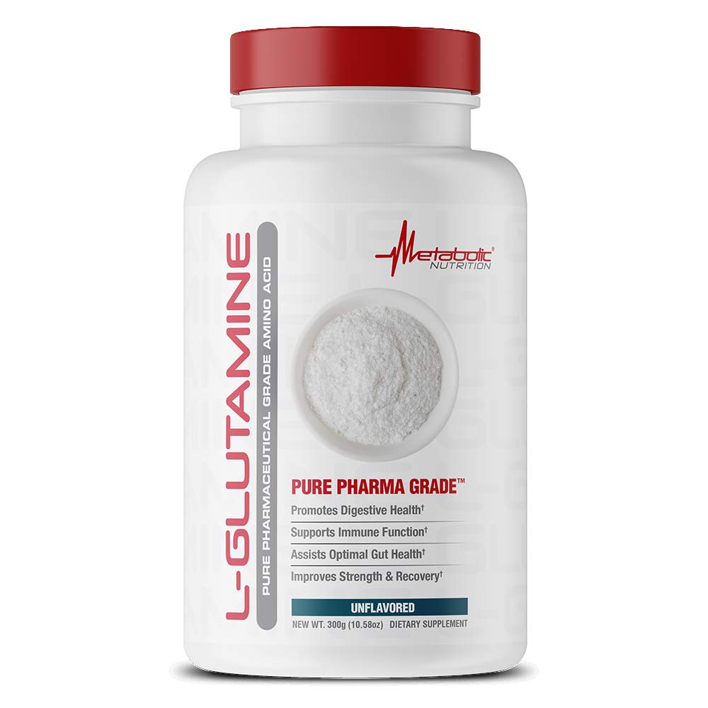 Metabolic Nutrition Glutamine powder tub highlighting high-purity, recovery-supporting formula.