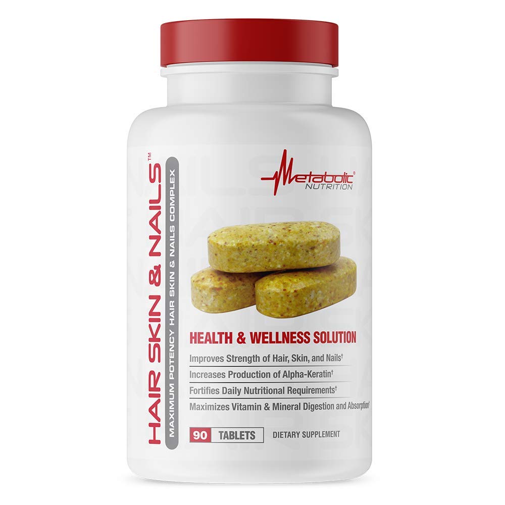 Metabolic Nutrition Hair Skin & Nails tablets support hair and nail strength.