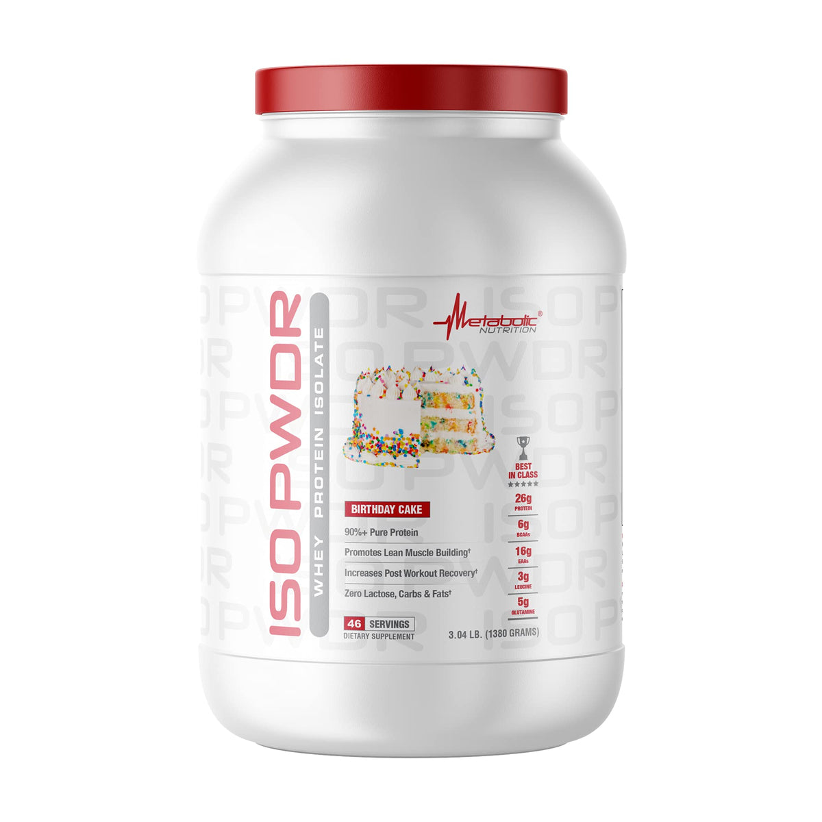 Metabolic Nutrition ISO PWDR Birthday Cake bottle shows convenient protein delivery for daily fueling.