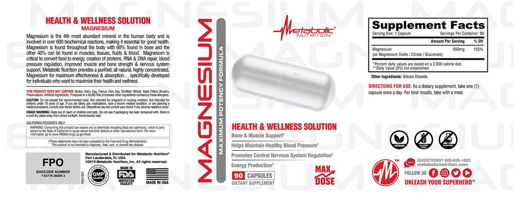 Close-up of Metabolic Nutrition Magnesium label emphasizing non-GMO and gluten-free