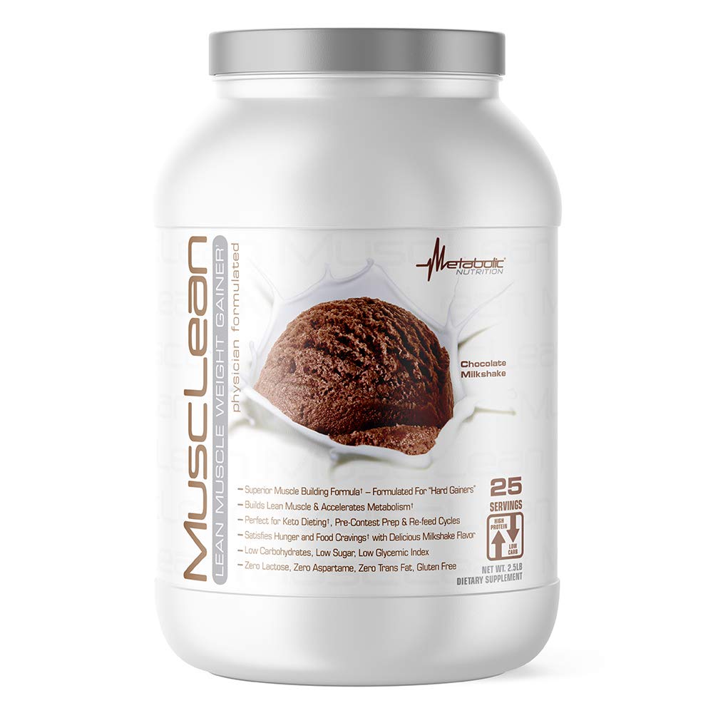 Metabolic Nutrition MusClean chocolate label close-up highlights protein-rich keto formula.