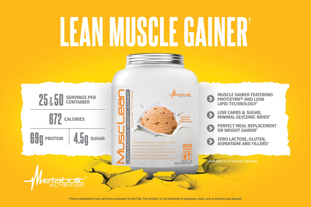 Metabolic Nutrition Musclean whey bottle label emphasizes protein content and ingredients.