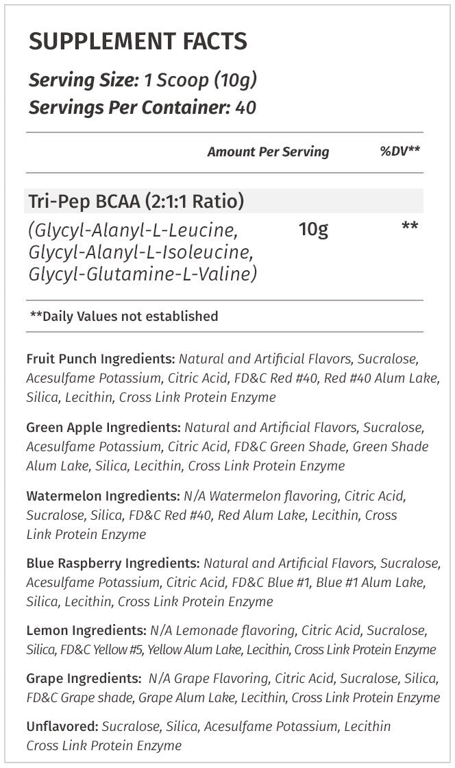 TRIPEP bottle and scoop highlighting peptide-BCAA blend for post-workout recovery.