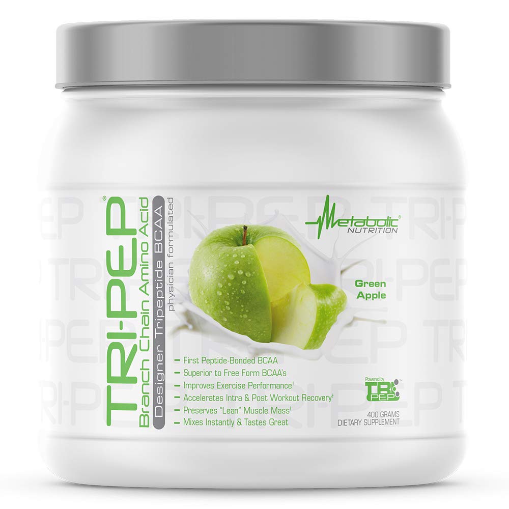 Metabolic Nutrition Tri-Pep bottle with green apple flavor for post-workout recovery