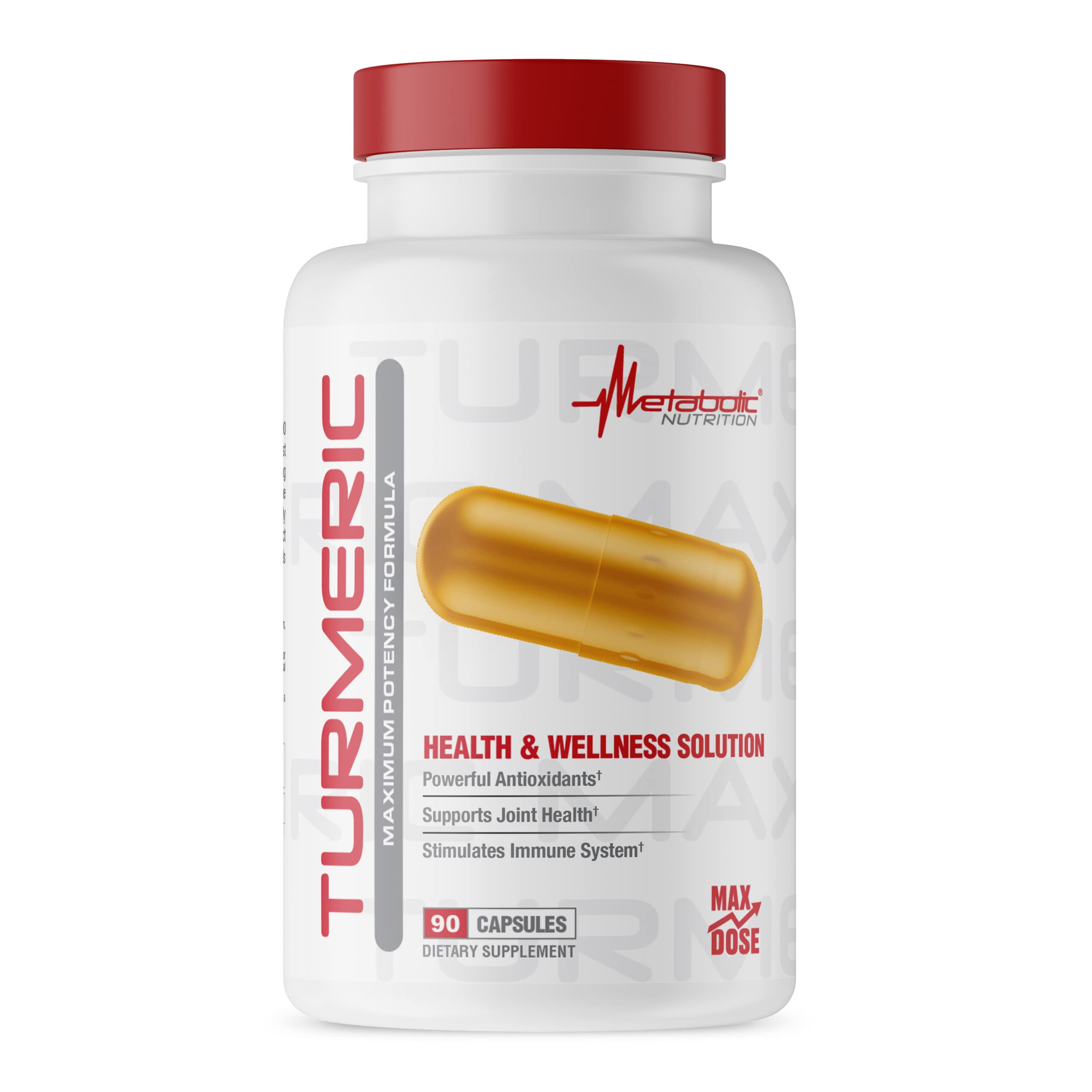 Metabolic Nutrition turmeric capsules close-up, highlighting 2300mg potency and black pepper absorption support.