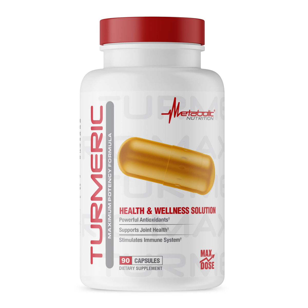 Metabolic Nutrition turmeric capsules close-up, highlighting 2300mg potency and black pepper absorption support.