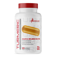 Metabolic Nutrition turmeric capsules close-up, highlighting 2300mg potency and black pepper absorption support.