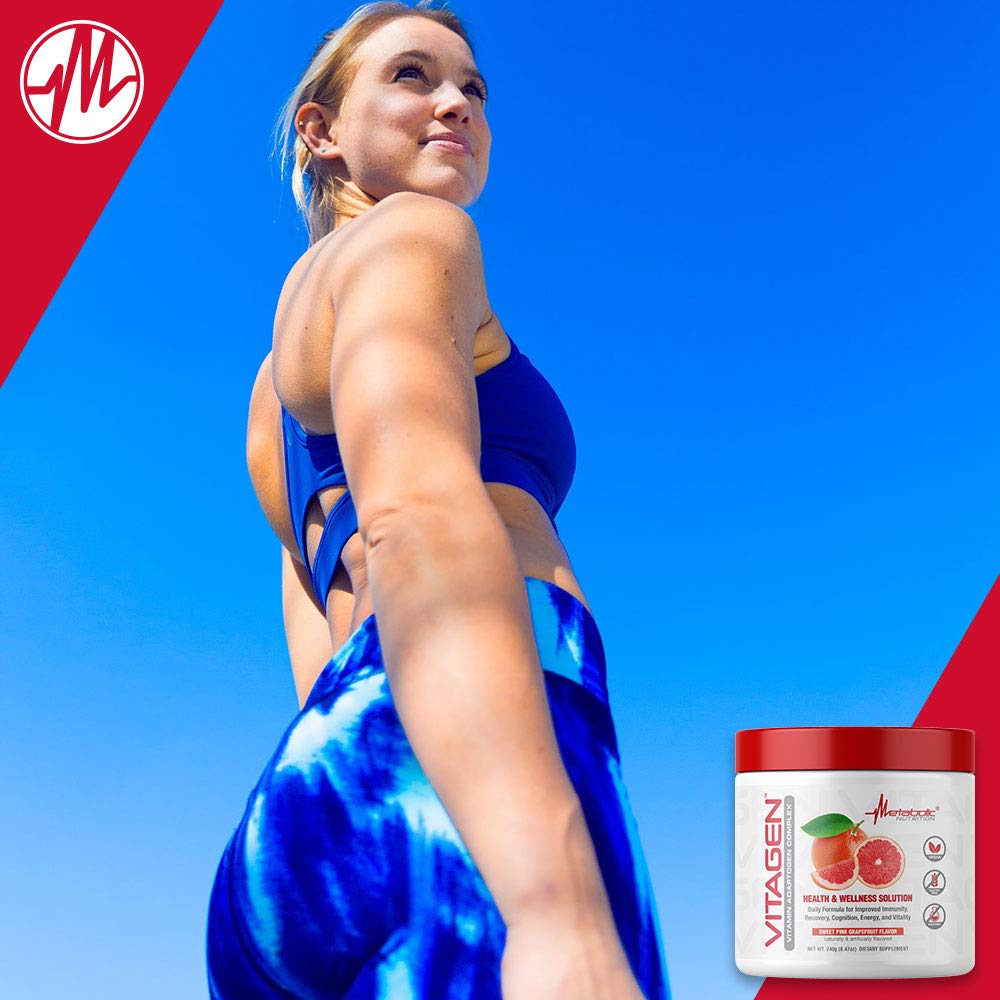Metabolic Nutrition Vitagen in use with glass and fruit