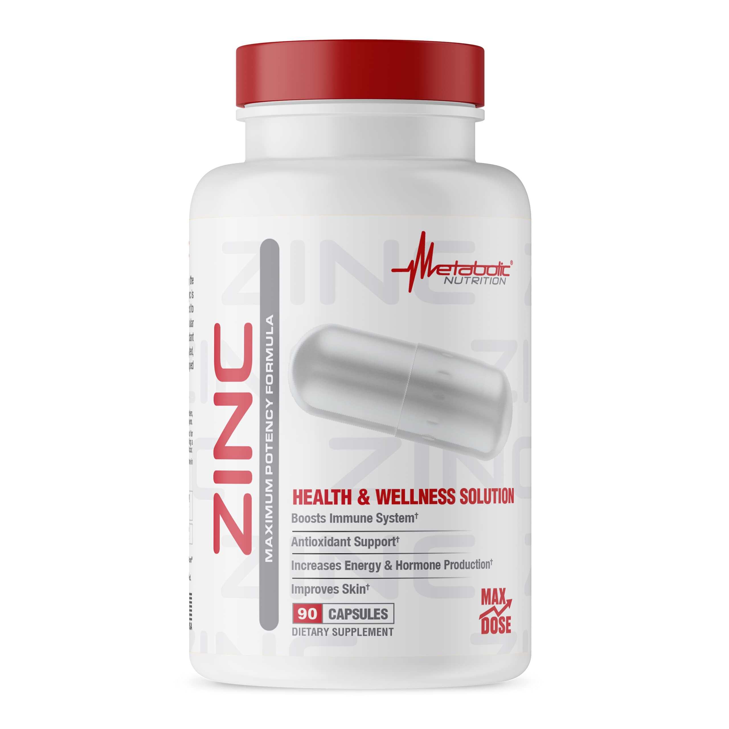 Metabolic Nutrition zinc 75mg bottle shows immune support potential for daily use.