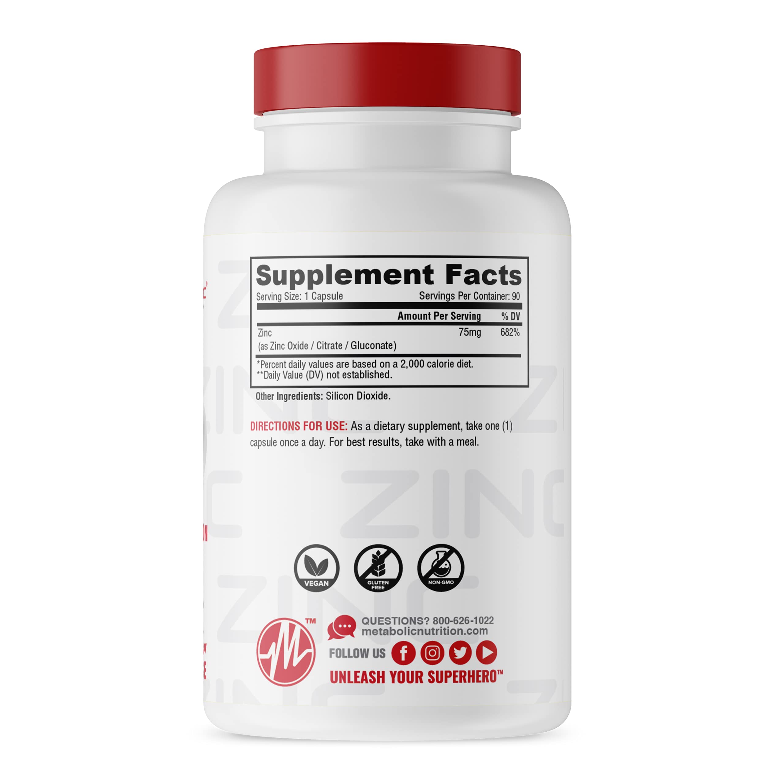 Metabolic Nutrition zinc 75mg capsules close-up highlights energy support for workouts.