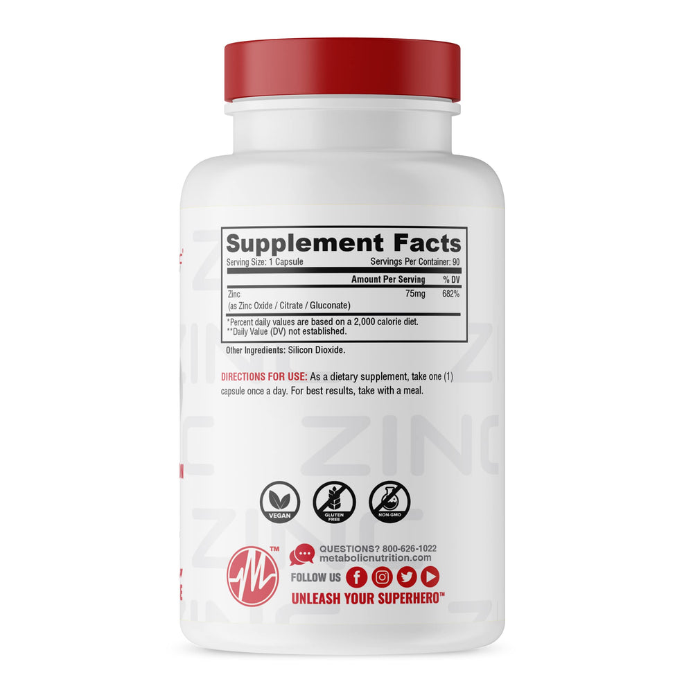 Metabolic Nutrition zinc 75mg capsules close-up highlights energy support for workouts.
