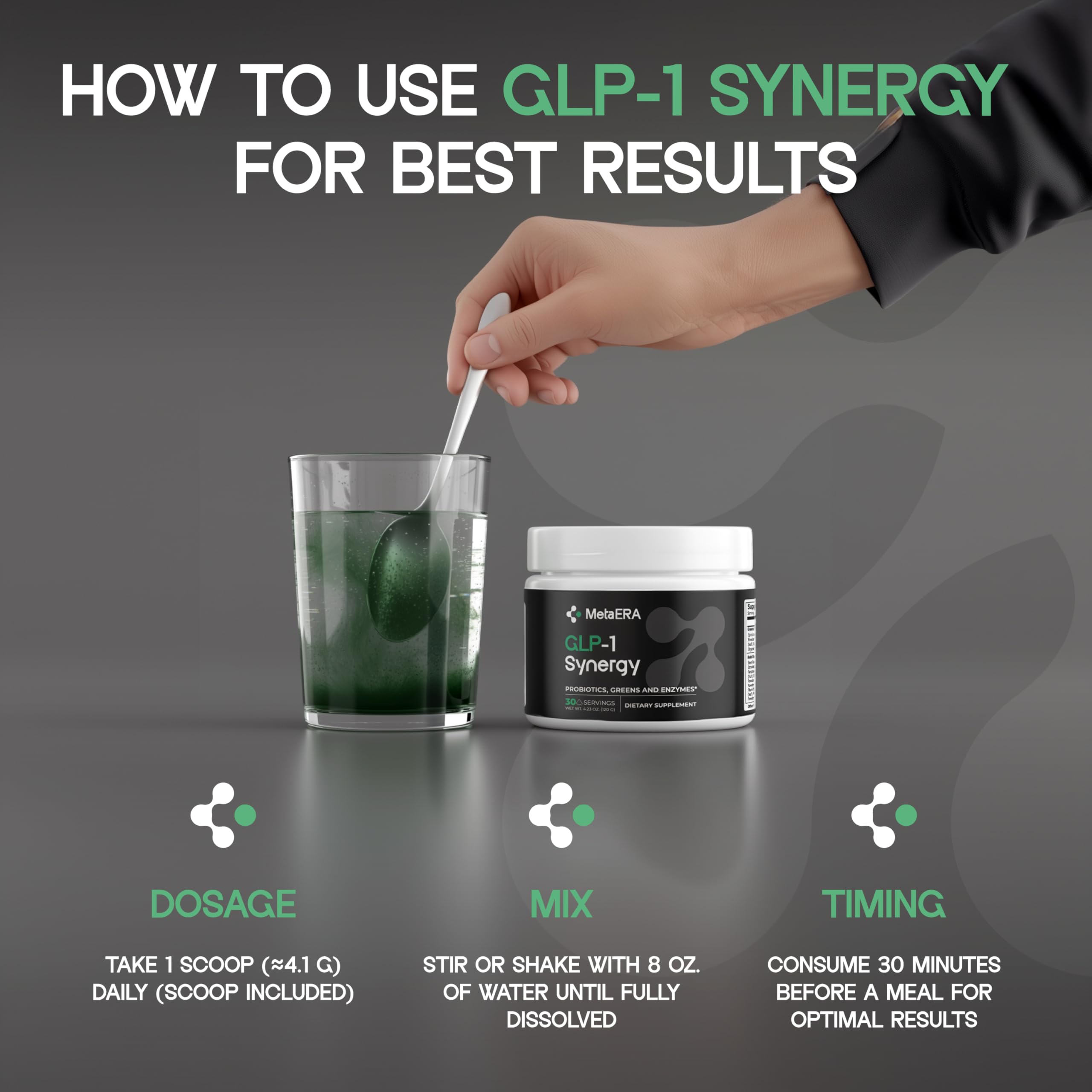 METAERA GLP-1 Synergy USA-made banner signals vegan, non-GMO formulation.