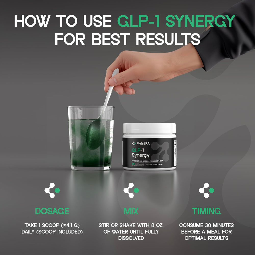METAERA GLP-1 Synergy USA-made banner signals vegan, non-GMO formulation.