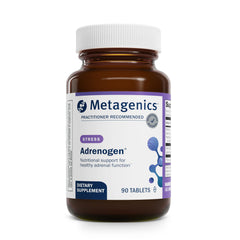 Metagenics Adrenogen bottle front illustrates adrenal health support in a gluten-free formulation.
