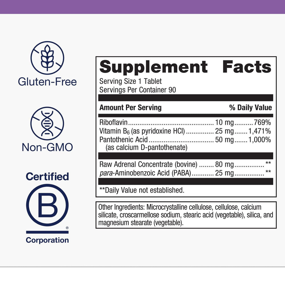 Metagenics Adrenogen label closeup emphasizes raw adrenal concentrate and B vitamin blend.