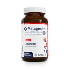 Metagenics AdvaClear bottle on shelf for daily detox support.