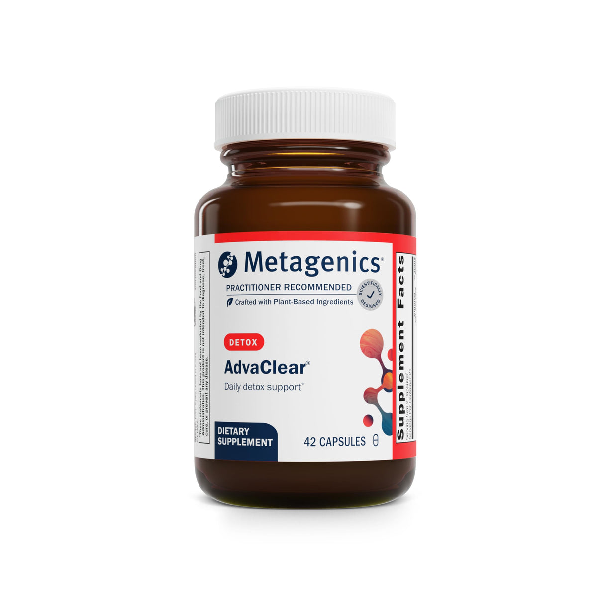 Metagenics AdvaClear bottle with capsules for daily detox support.