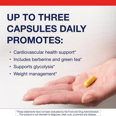 Metagenics Berberine GT ingredients label highlighting berberine and decaf green tea components for metabolism support.