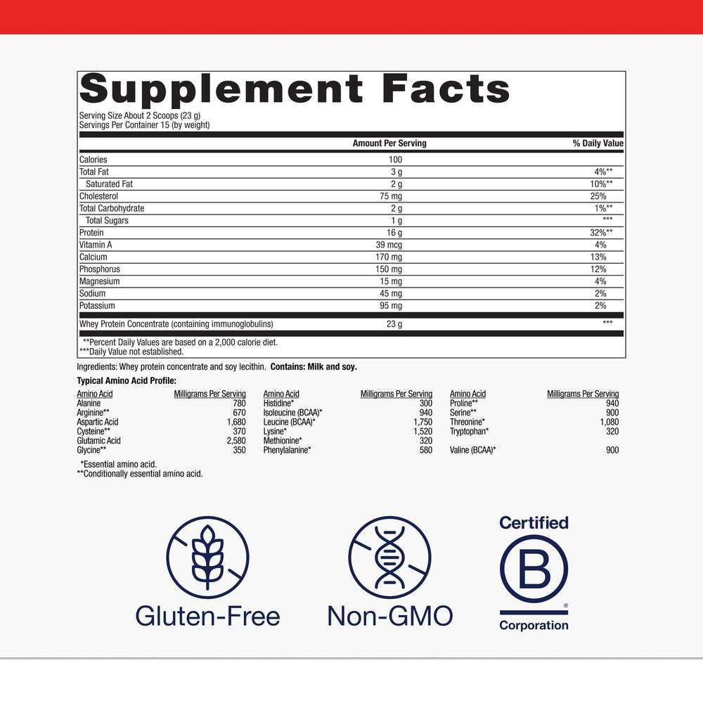 Metagenics BioPure Protein label detail shows immunoglobulins and clean, non-GMO formula.