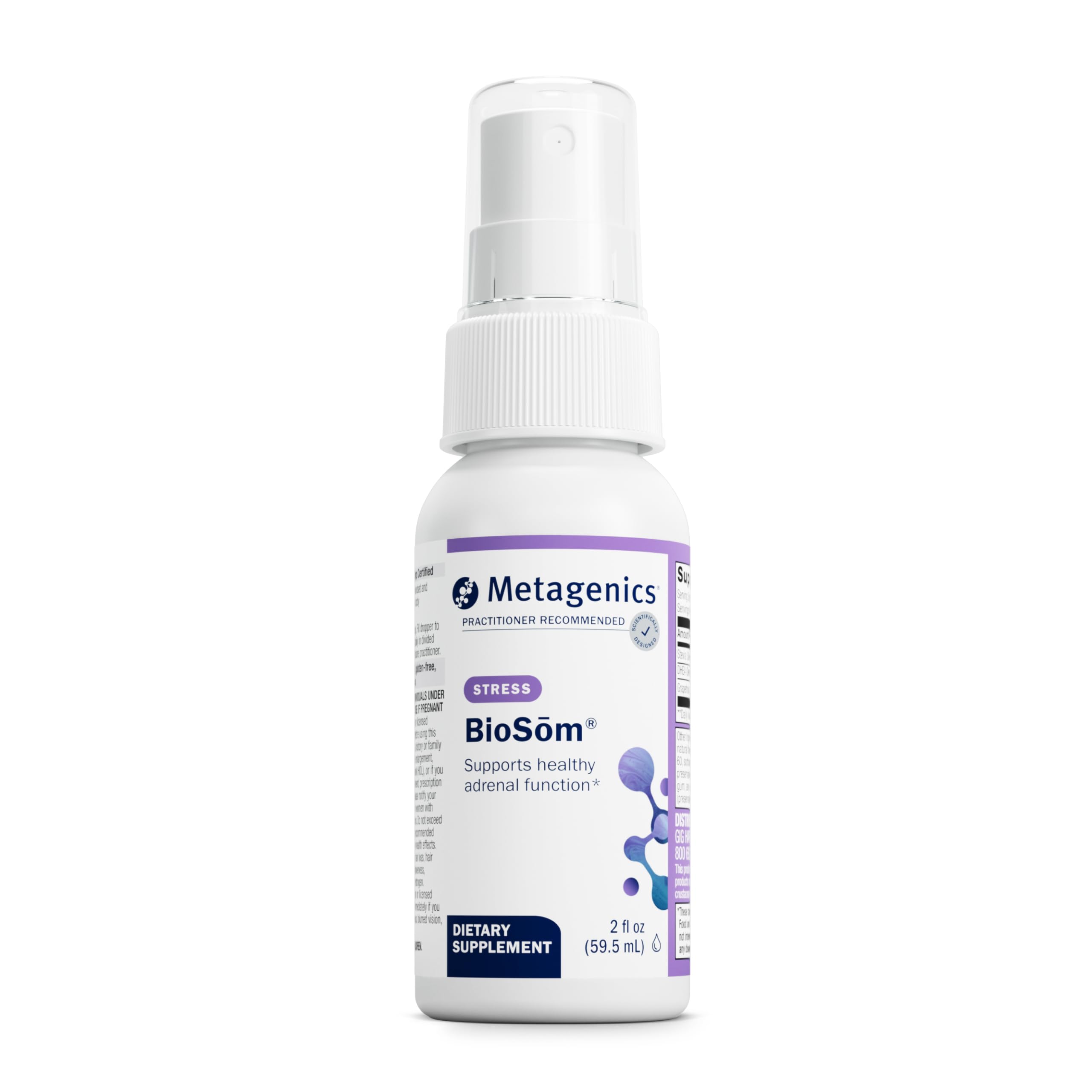 Metagenics BioSom liposomal DHEA spray bottle for convenient daily use and balance support.