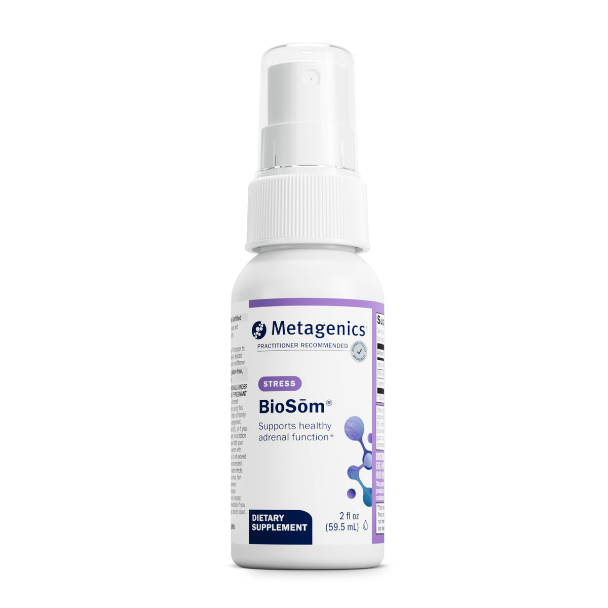 Metagenics BioSom liposomal DHEA spray bottle for convenient daily use and balance support.