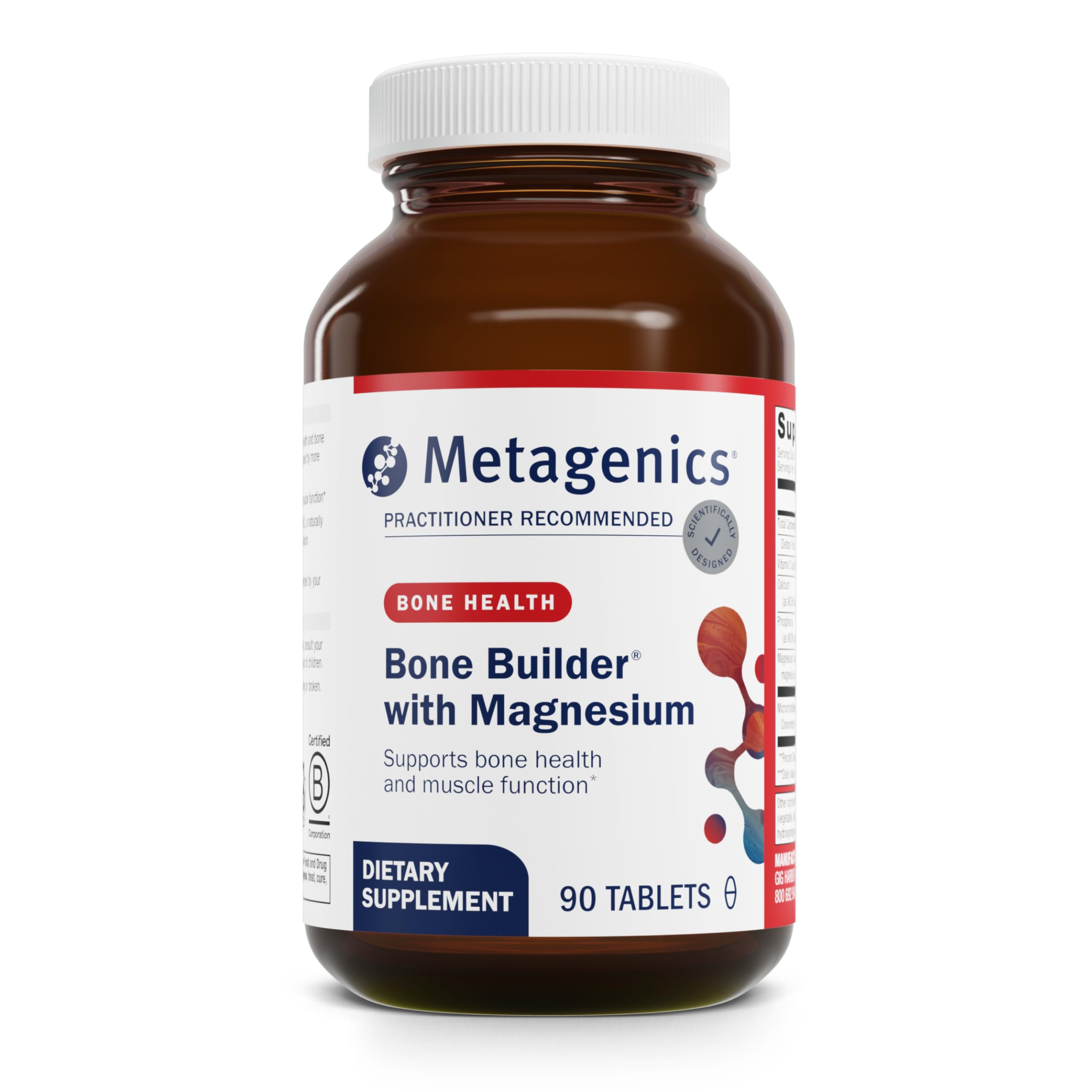 Metagenics Bone Builder bottle front view highlighting calcium support for bone health.
