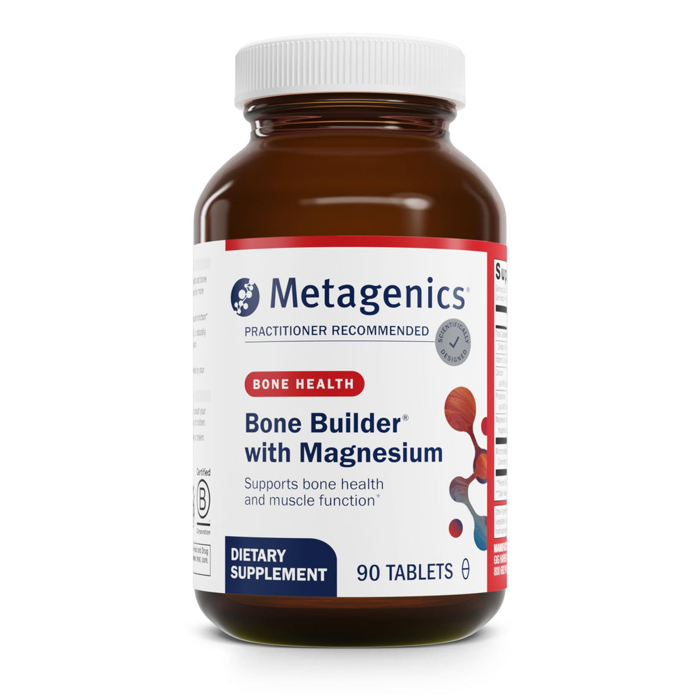 Metagenics Bone Builder bottle front view highlighting calcium support for bone health.