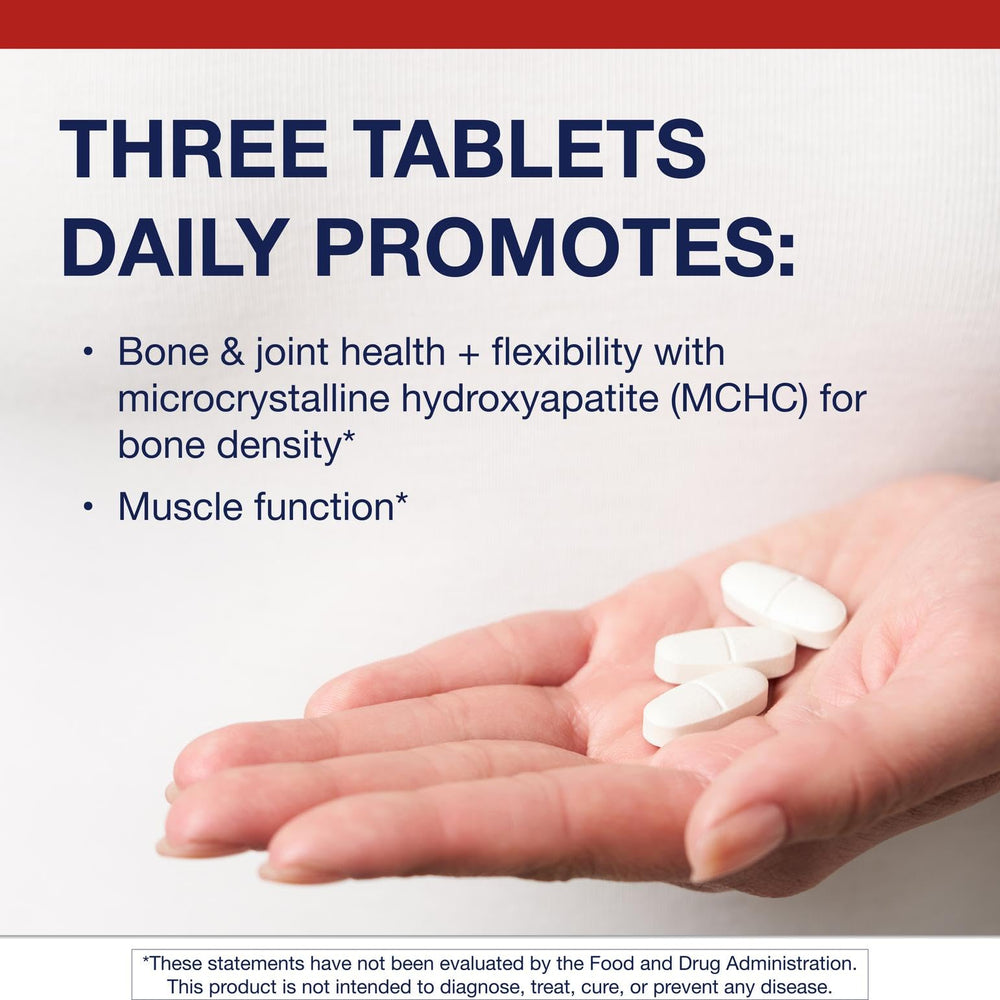 Metagenics Bone Builder bottle being poured with tablets visible for daily use.