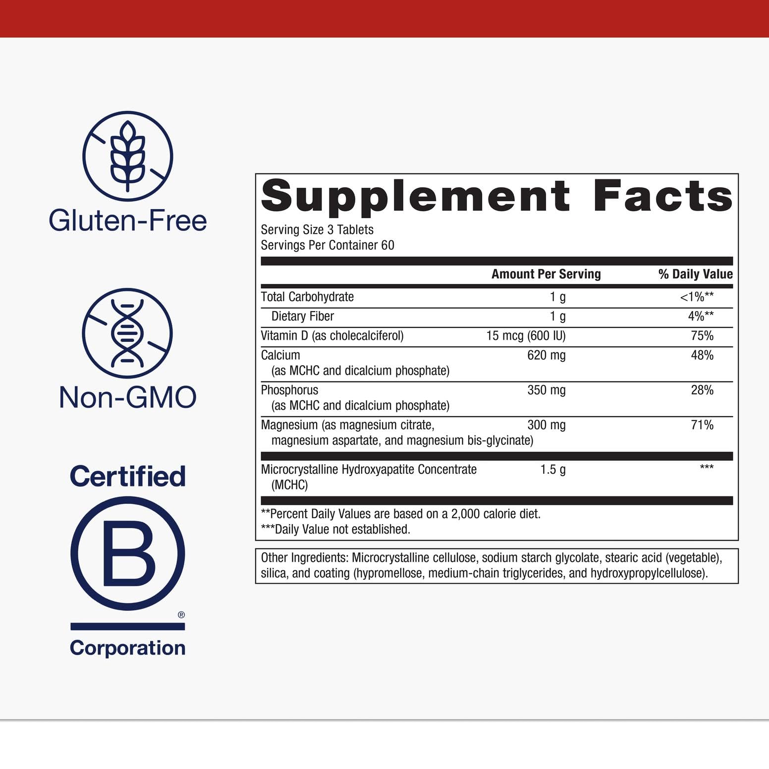 Metagenics Bone Builder capsules pack emphasizing gluten-free and non-GMO formulation.