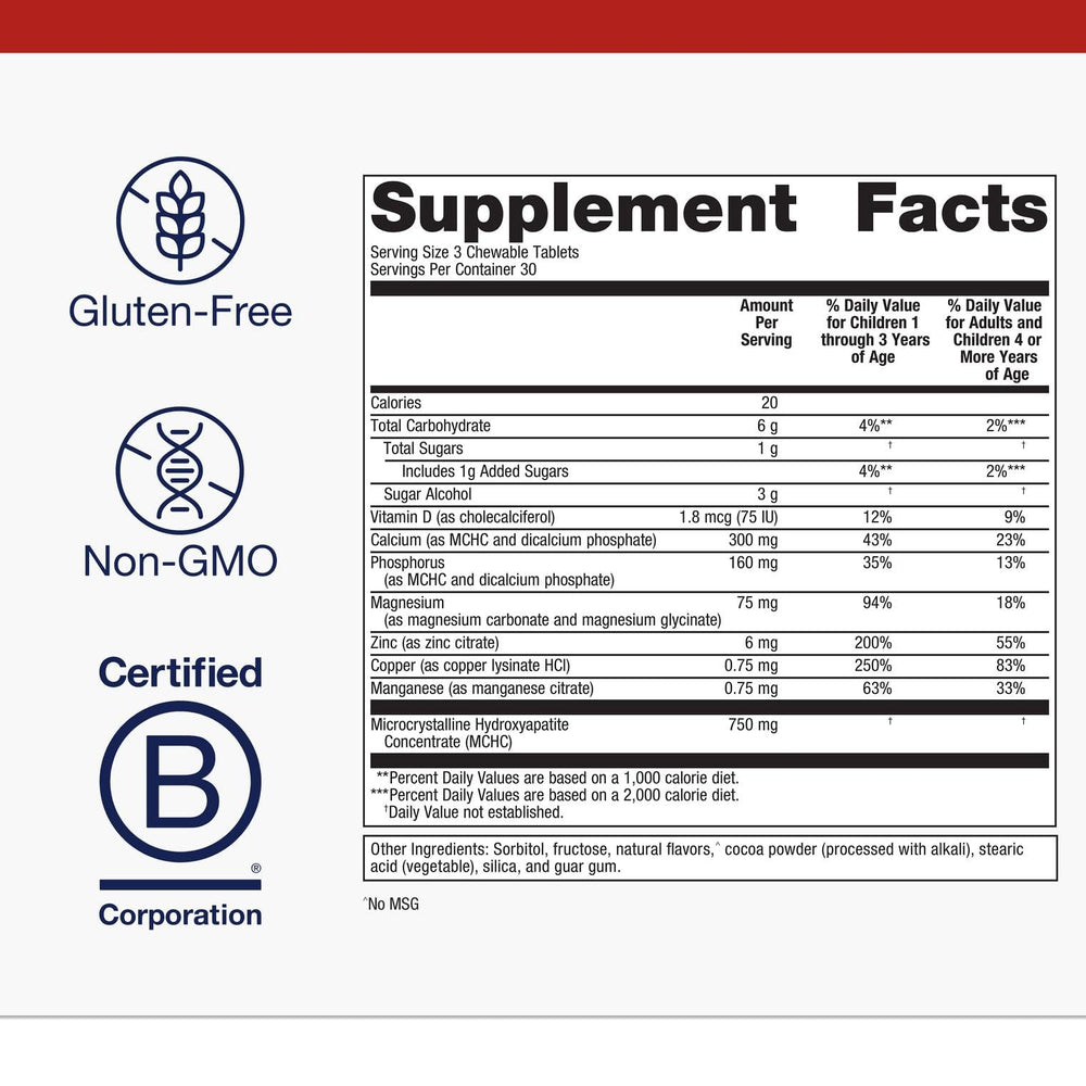 Close-up of Metagenics Bone Builder chewable tablets showing calcium and vitamin D support