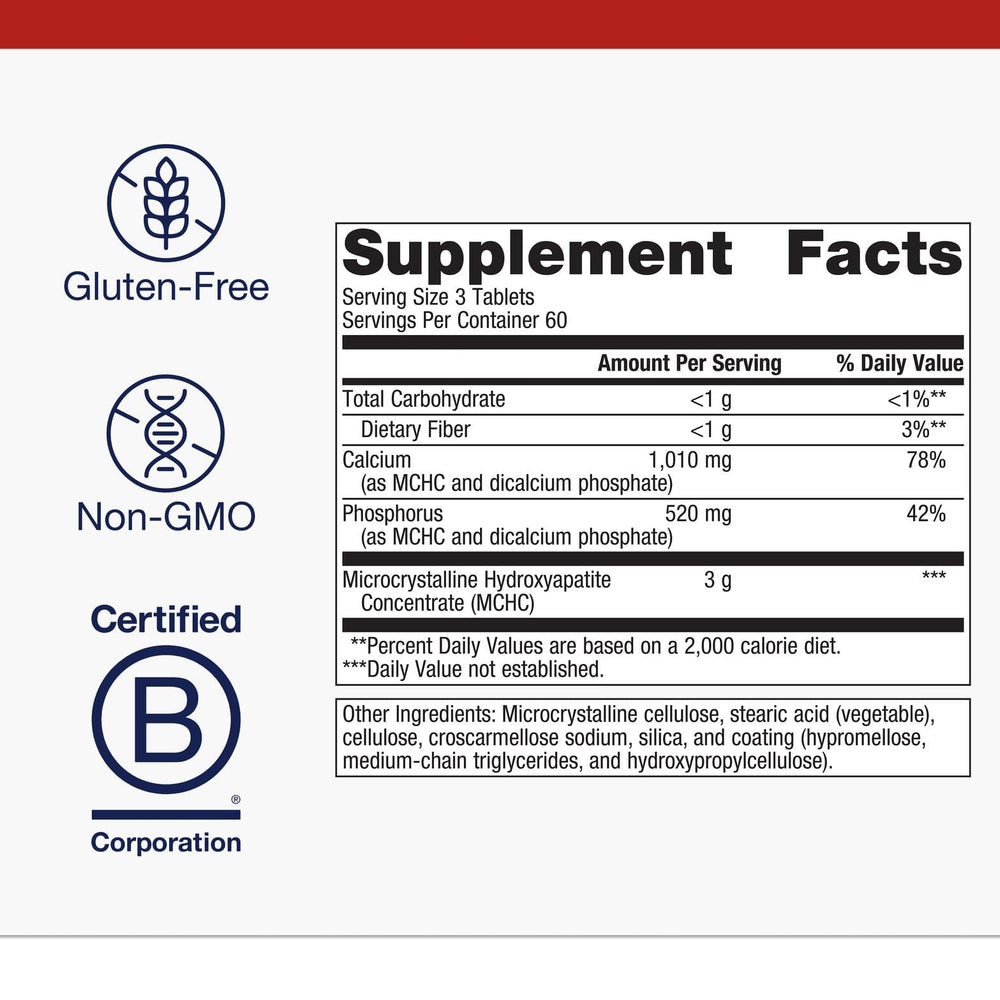 Metagenics Bone Builder Extra Strength bottle label showing calcium and phosphorus content.