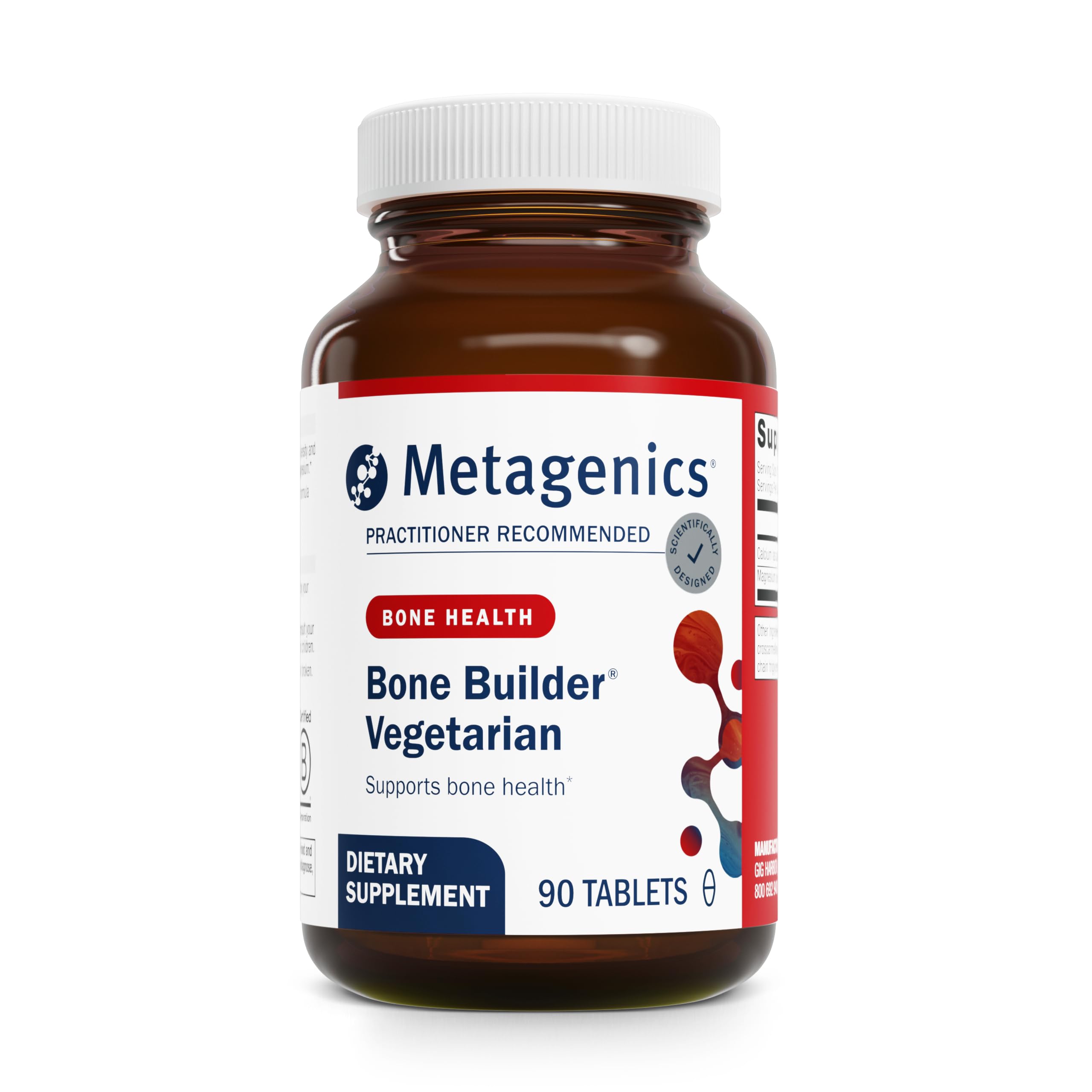 Metagenics Bone Builder Vegetarian bottle label showing balanced minerals for bone support