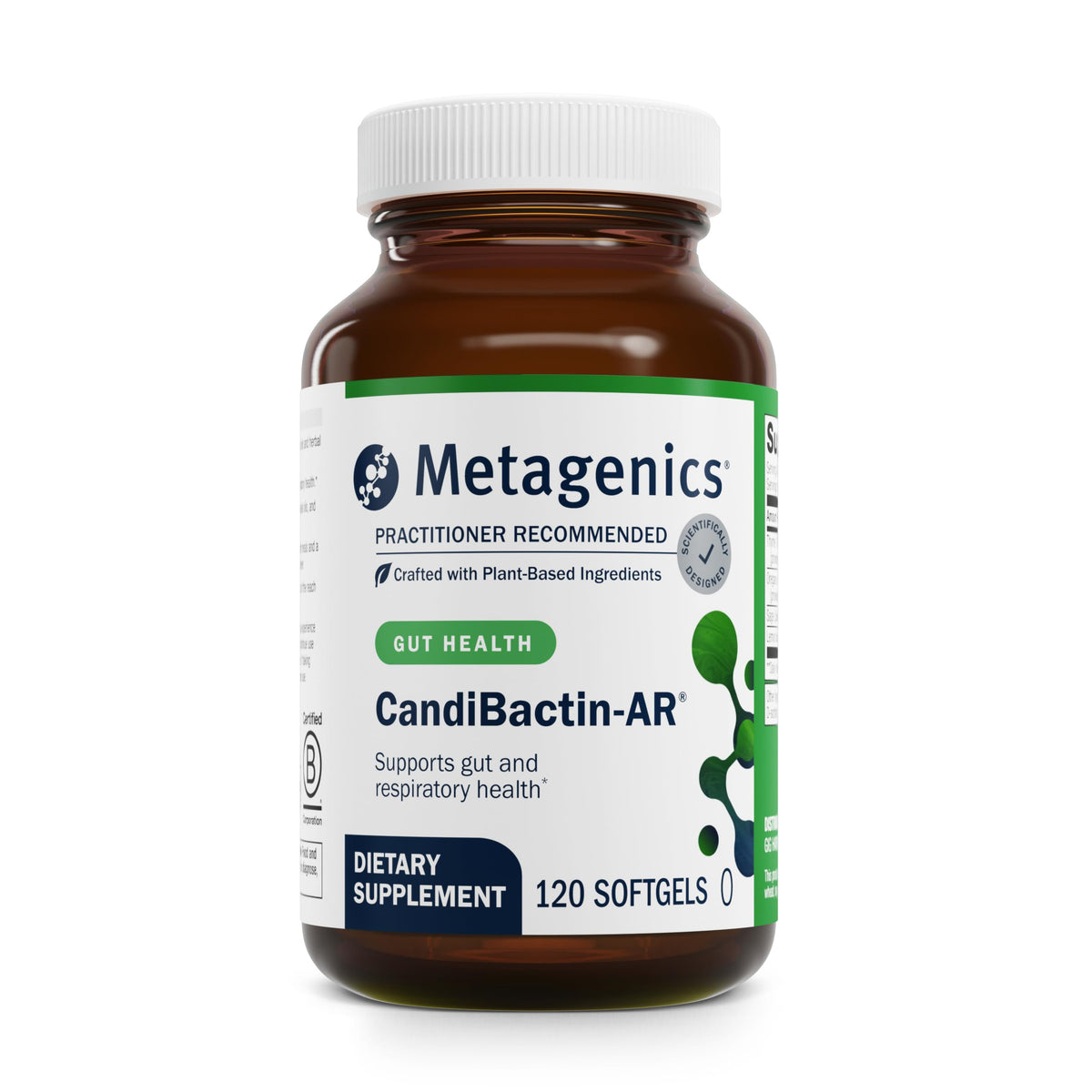 Metagenics Candibactin-AR bottle pour reveals enteric-coated capsules for gut comfort.