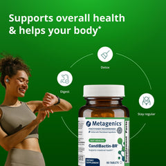 Metagenics CandiBactin-BR: cápsulas fáciles de tragar para salud digestiva.