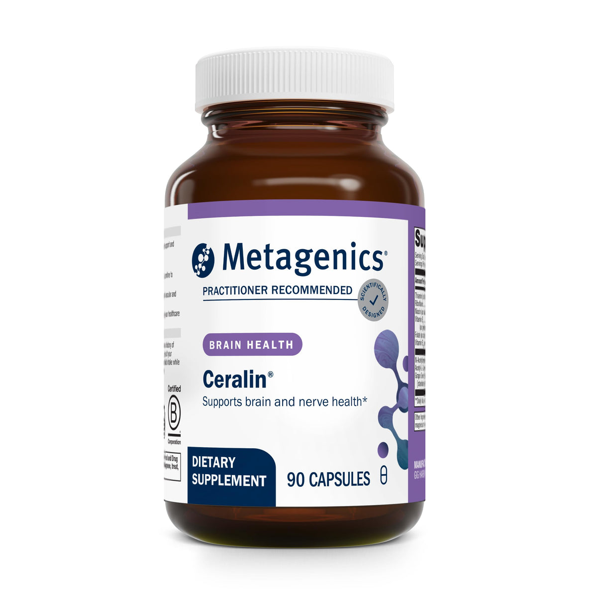 Metagenics Ceralin Forte bottle with capsules supporting brain health and energy metabolism.