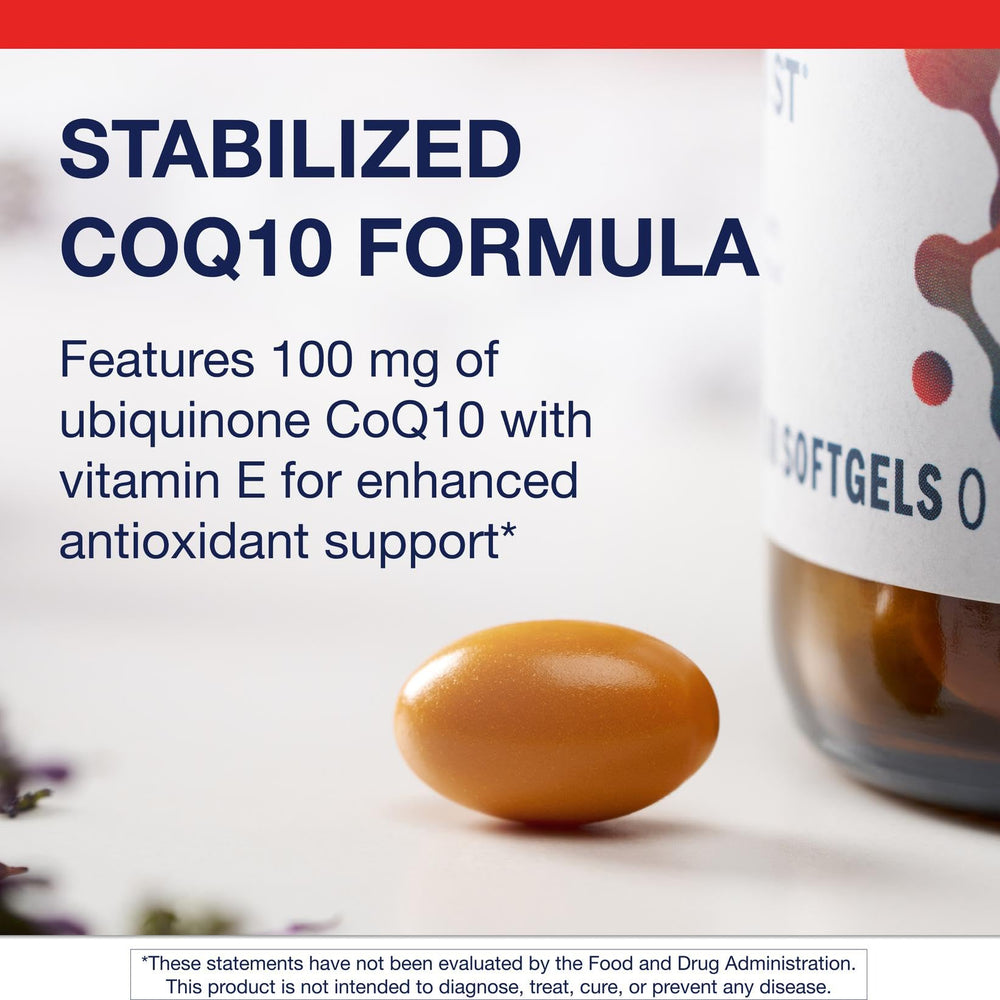 Non-GMO labeling on Metagenics CoQ10 ST-100 highlights purity.