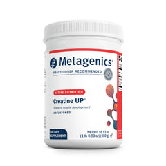 Metagenics Creatine UP bottle pouring for convenient pre- or post-workout hydration.