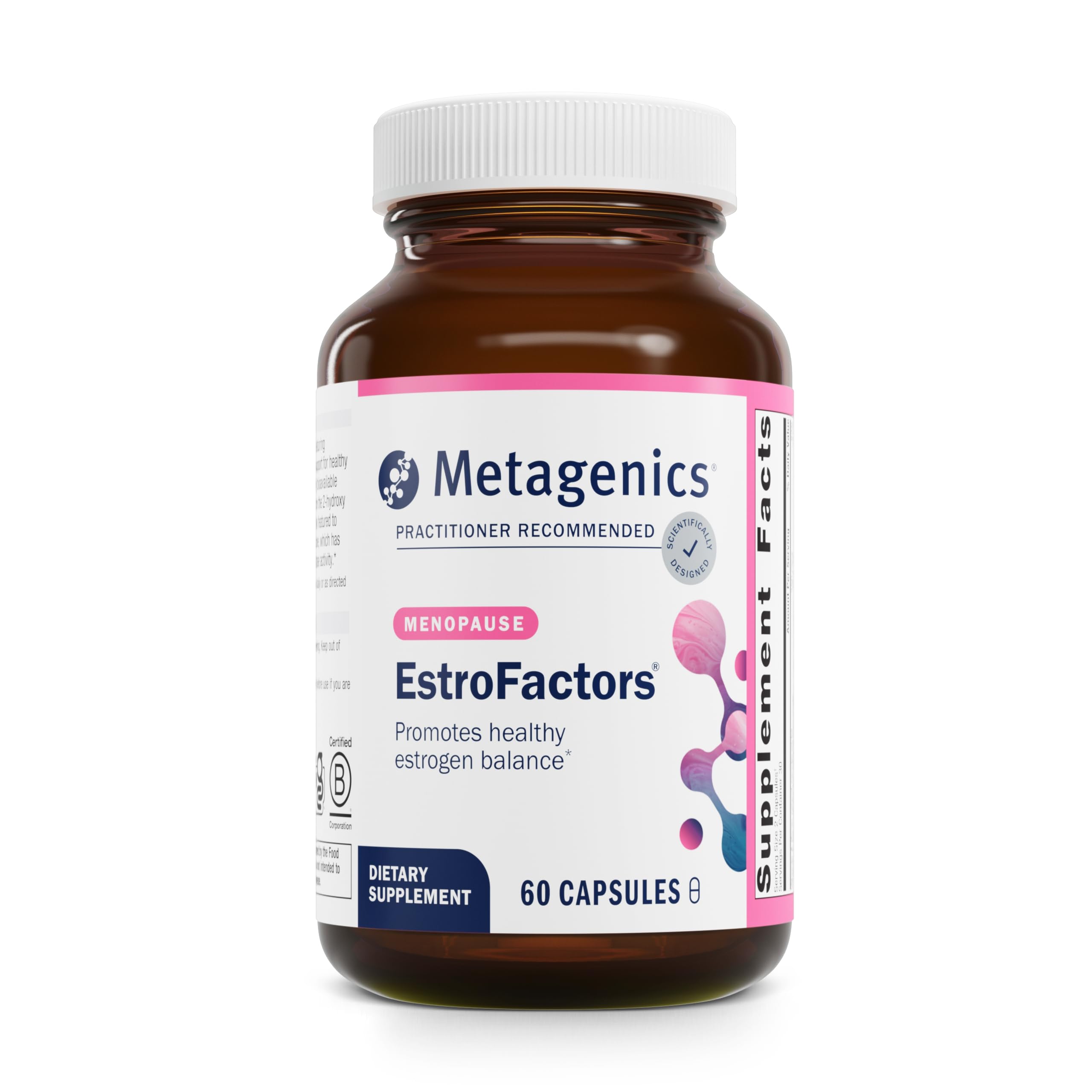 Metagenics EstroFactors bottle on a counter showing estrogen metabolism support potential