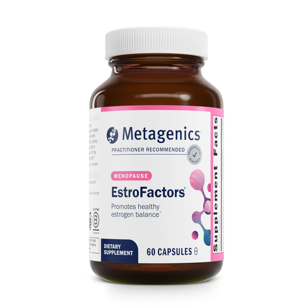 Metagenics EstroFactors bottle on a counter showing estrogen metabolism support potential